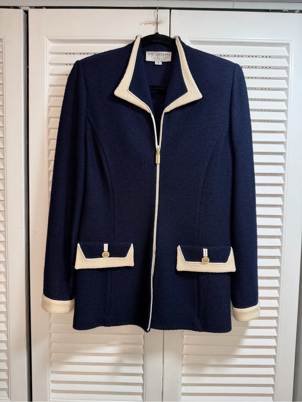 St. John By Marie Gray Navy and Cream Textured Knit Zip-Front Jacket